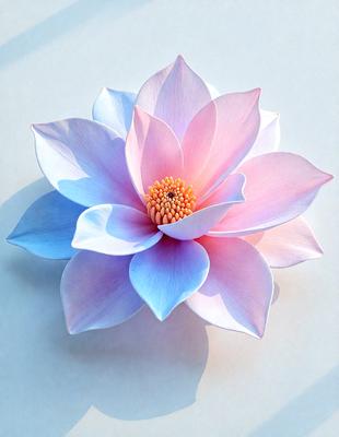 The primary subject of the image is a beautifully crafted, three-dimensional flower made of paper. The flower is placed on a white surface, which serves as the background. The visual style of the image is a combination of digital art and illustration, as the paper flower appears to be a realistic representation of a flower. The dominant colors in the image are blue and pink, creating a serene and calming atmosphere.